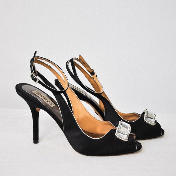 Badgley Mischka Black Satin High Heels - Picture 2 of 9